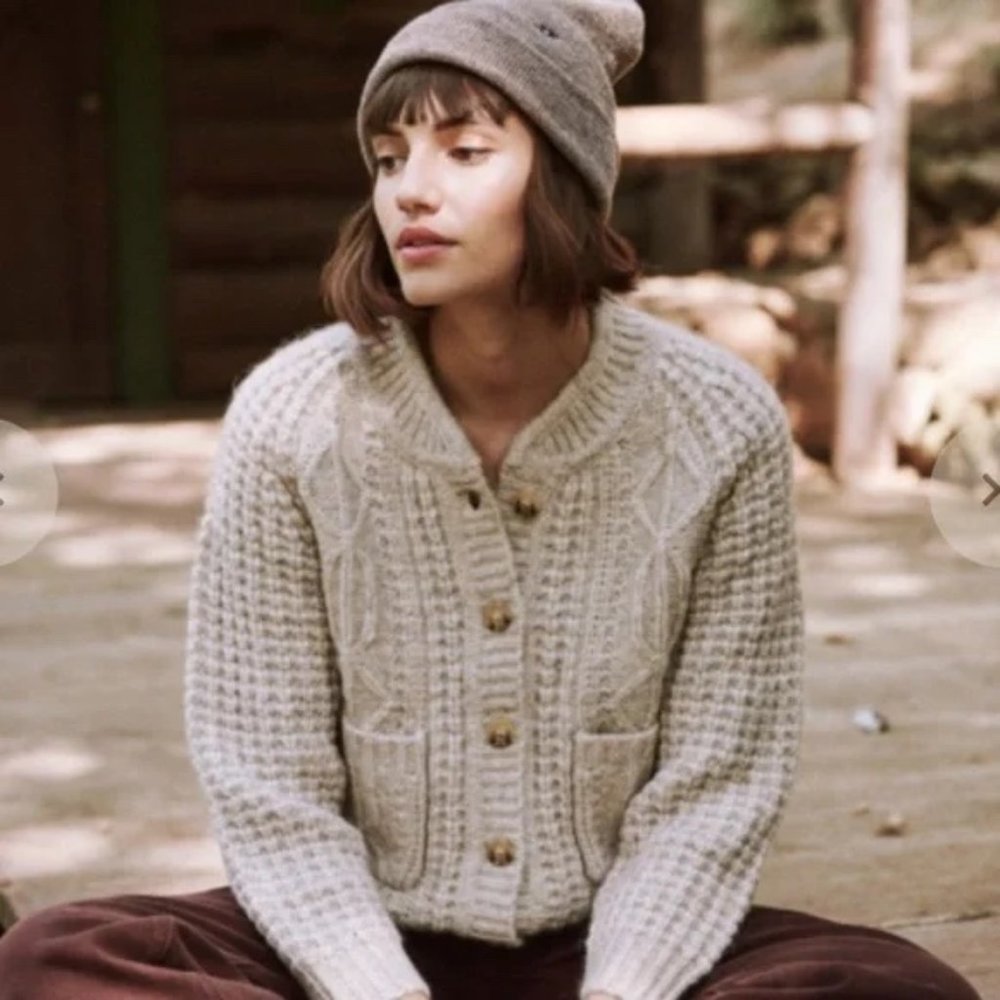 THE GREAT. The Shrunken Cable Cardigan Pale Pink Marble Size Small